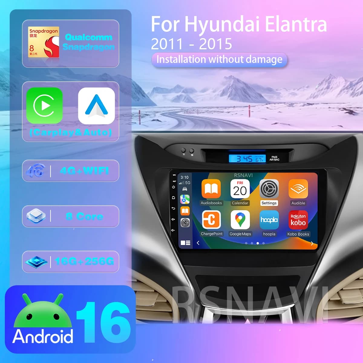 Autoradio Android 16 WIFI+4G per Hyundai Elantra 2014-2016 con CarPlay Wireless Plug and Play e Processore Qualcomm