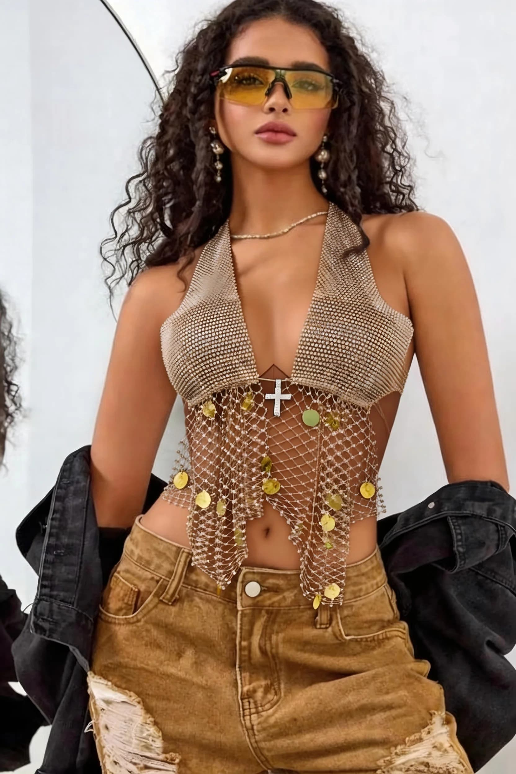 AKYZO Top da Donna alla Moda Europeo e Americano con Rete a Rete di Pesca, Paillettes e Strass, con Bretelle, per Festival Musicali