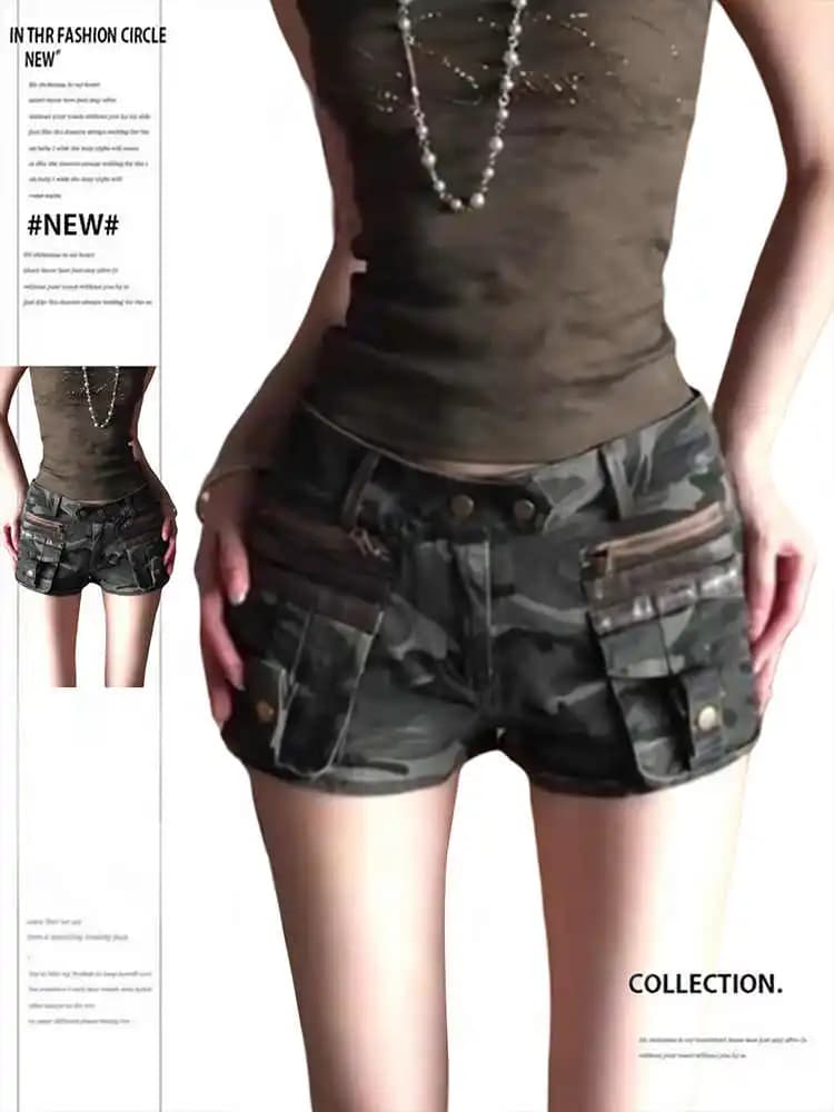 Women's cargo mimetic denim shorts, American retro style, Y2K '00s, Japanese punk Harajuku, Hot Pants cowboy, Trend High Street, Summer 2026