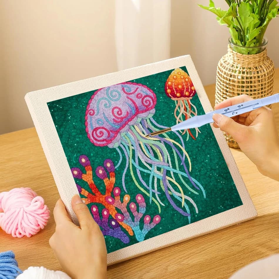 jellyfish Punch Needle Embroidery Starter Kits DIY Craft Set Rug Hooking Punch Needle Tool With Threader Fabric Wool Yarn Gift