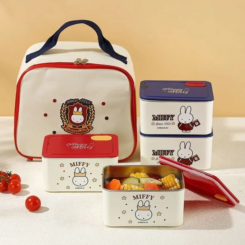 Nuovo Portapranzo Isolato Kawaii Miffy Quadrato con Coperchio, Scatola per Pasti da Ufficio e Scuola, Bento Box Cartoon, Regalo Carino per Ragazzi e Ragazze