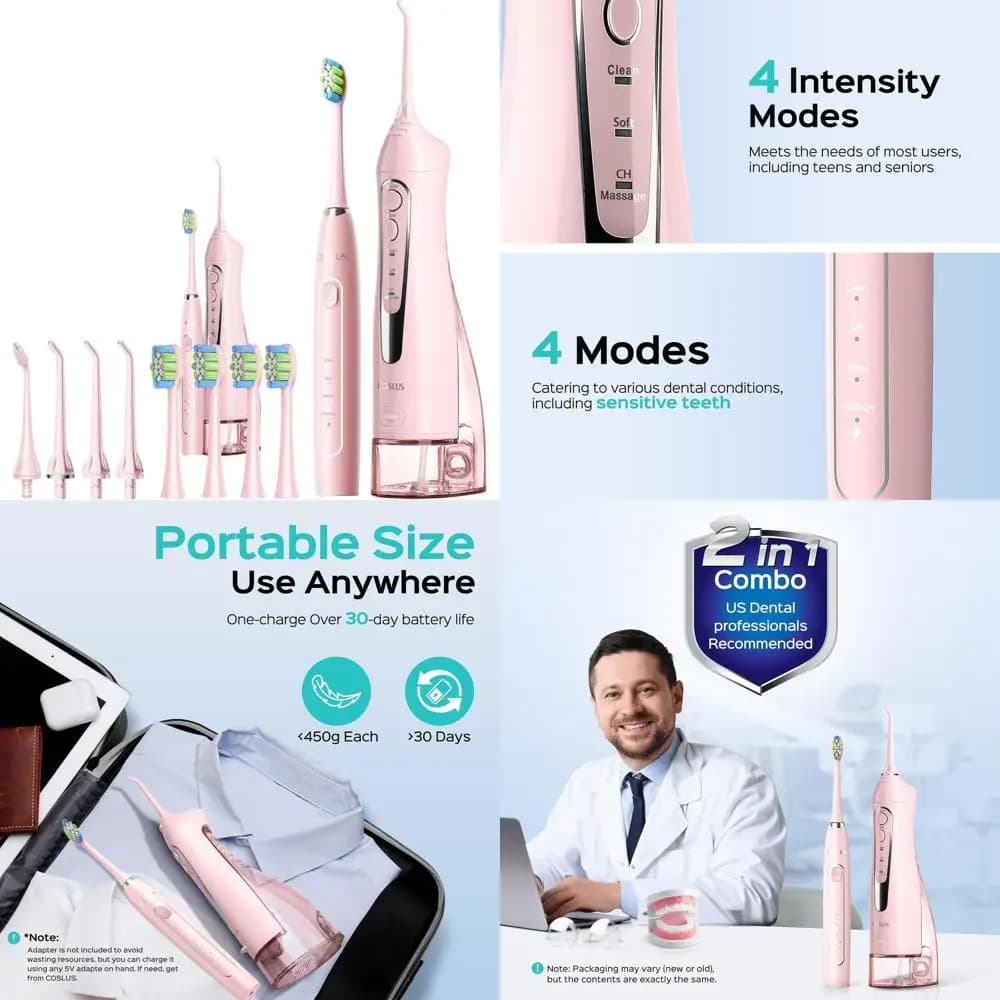 Portable Hydropulsor and Electric Toothbrush Combo: 2-in-1 Kit for Oral Hygiene Tooth, Orthodontics, Gemini - Ideal for Adults, Families, Travel