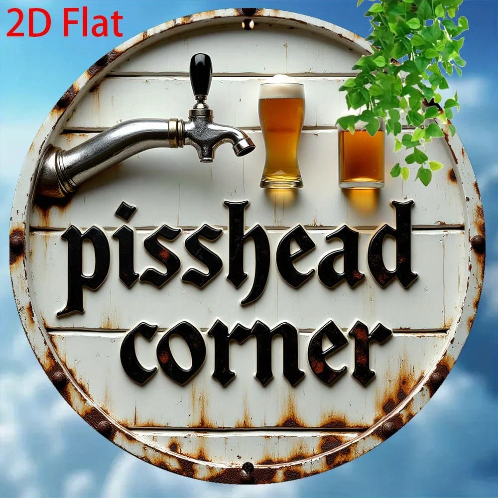 Targa rotonda in alluminio con scritta "PISSHEAD CORNER" – Finitura anticata con boccale di birra e moneta – Decorazione da parete 8x8 pollici per bar, casa, caffetteria
