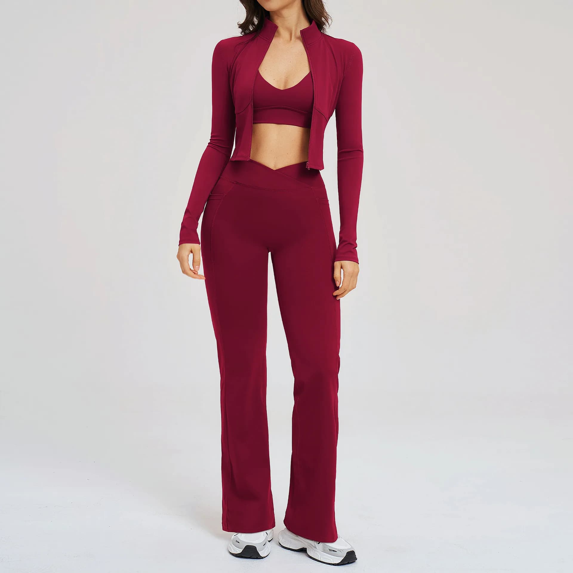 Set Yoga 3 Pezzi, Abbigliamento Sportivo da Donna, Tuta da Ginnastica, Leggings, Reggiseno Sportivo, Top Corto, Completo Sportivo a Maniche Lunghe