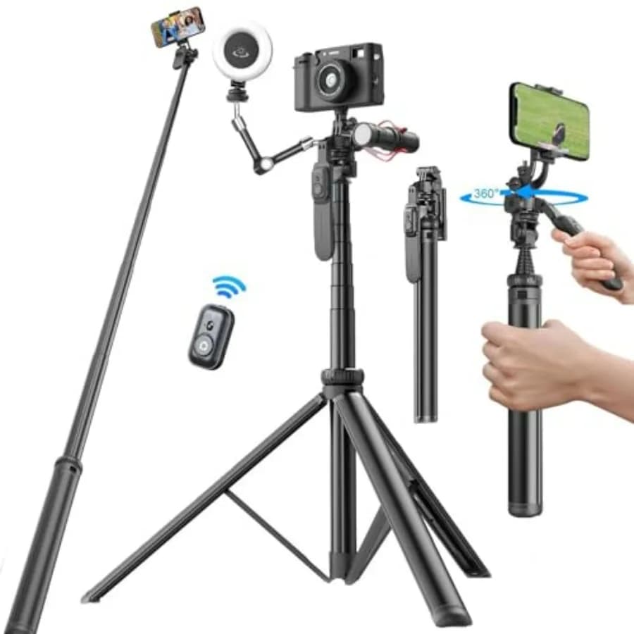 Extensible tripod 80 in 1 for Phone and Selfie Stick for iPhone with Remote Control and Attack Cold Shoe, 360° rotation, Aluminum Camera Support