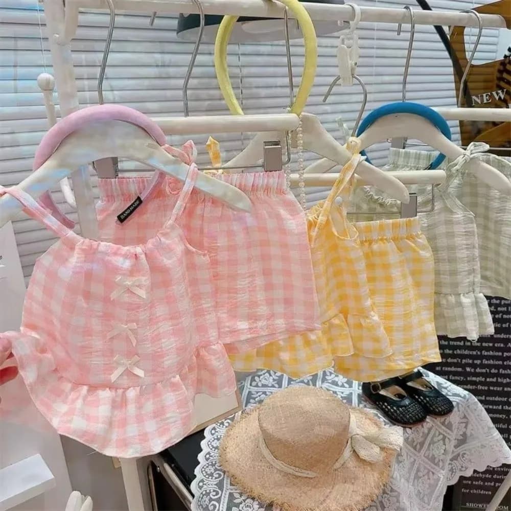 Fashion Princess Girls Kids Sling Shorts Set Thin Sweet Waistcoat Skirts Bow Strap Suits for Baby Toddler