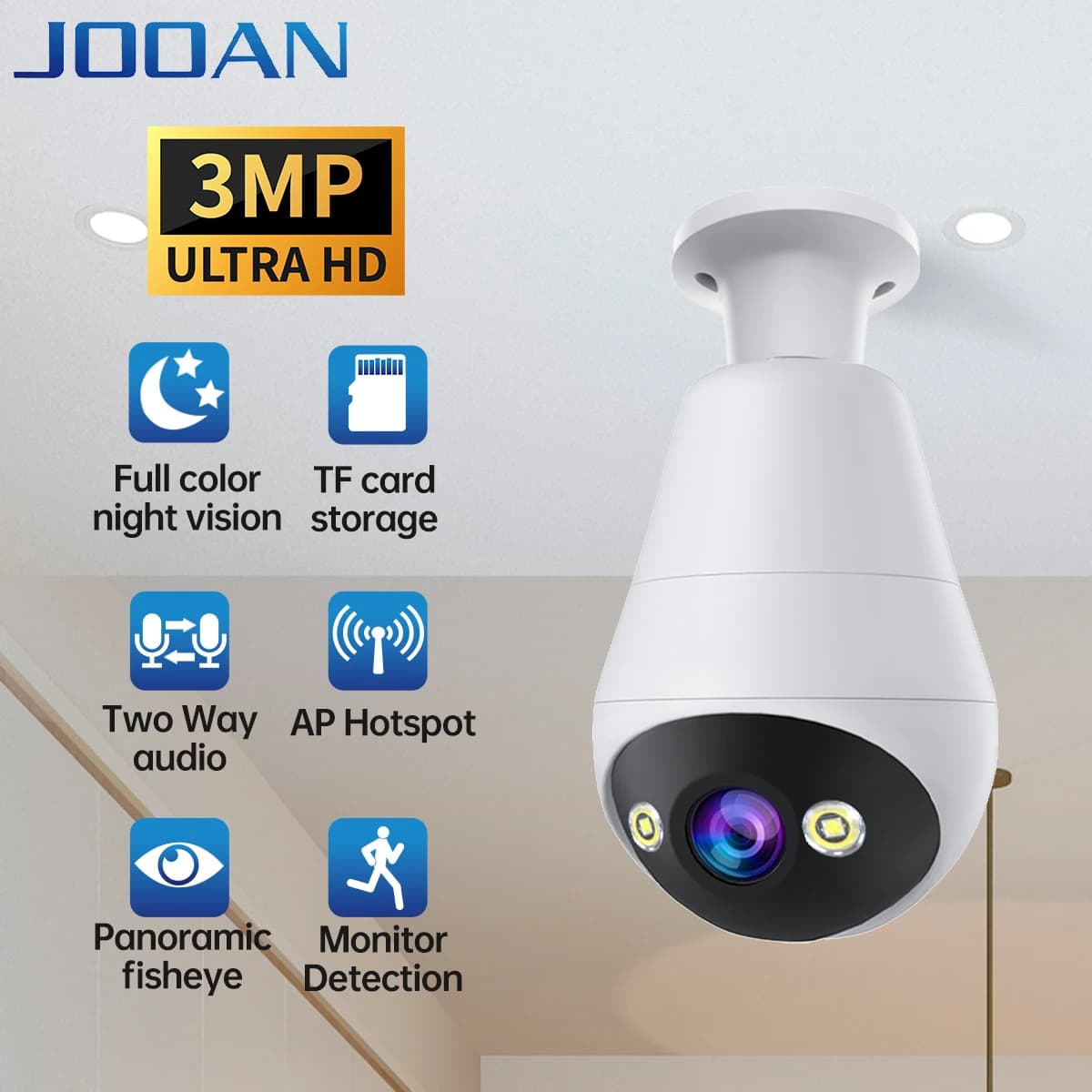 Jooan 2K 3MP WiFi IP Camera E27 Lampadina Telecamera Wireless Baby Monitor AI Tracking Telecamera di sorveglianza per visione notturna