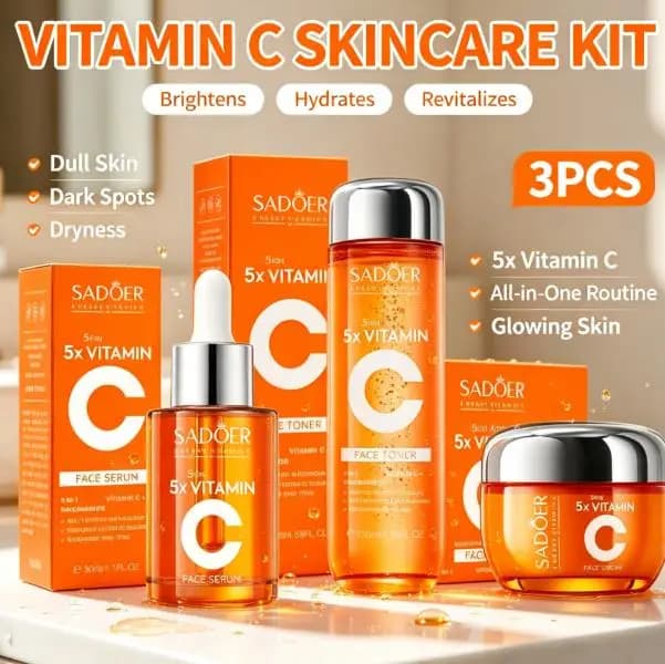 Vitamin C 3Pcs Skincare Kit Face Toner Serum Moisturizing Cream Brighten Skin Hydrating Anti-Aging Firming Full Face Care Set