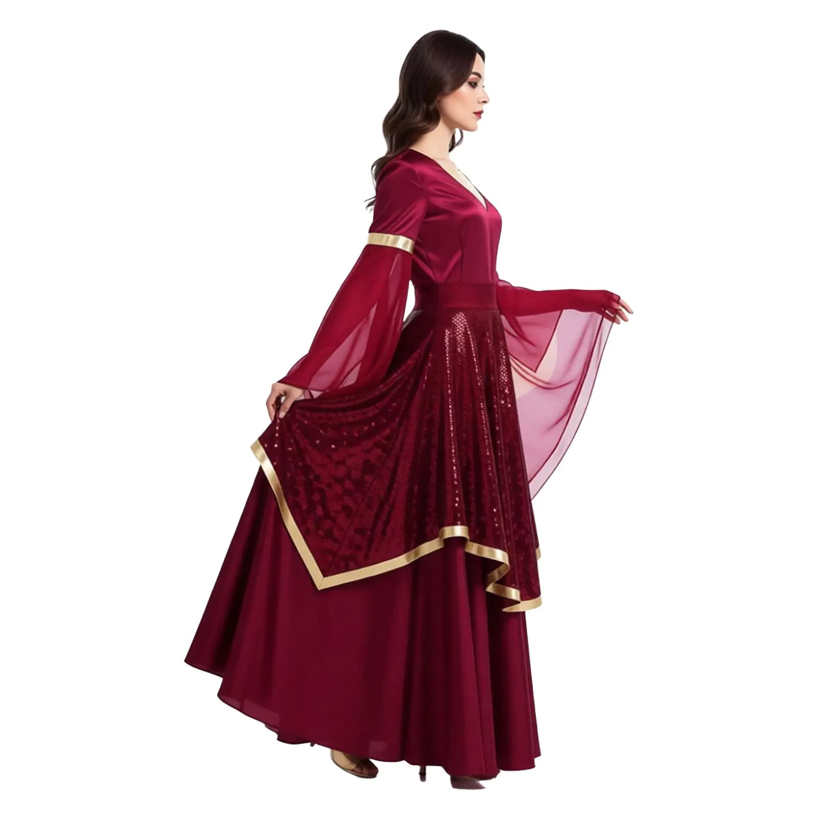 Set di costumi liturgici da donna, abiti da danza lirica per lode e culto, abito con maniche a campana e gonna con paillettes, costume per performance del coro