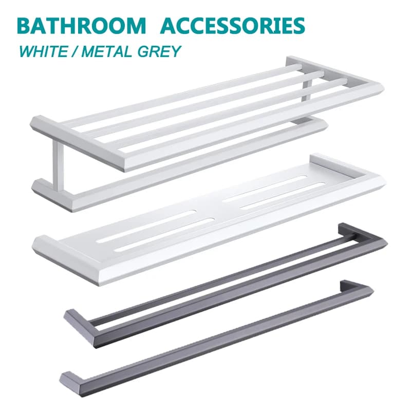 Mensola portaoggetti da bagno in metallo grigio, portasciugamani singolo/doppio, portasciugamani da bagno, accessori bianchi in acciaio inossidabile
