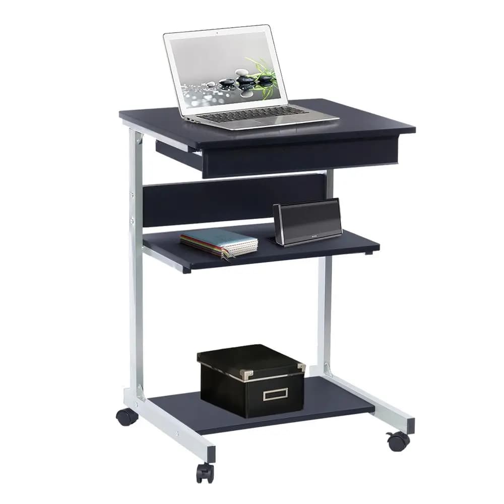 Carrello per laptop con vano portaoggetti, scrivania portatile per computer, workstation con ruote o supporto per laptop con ripiano per stampante, nero grafite