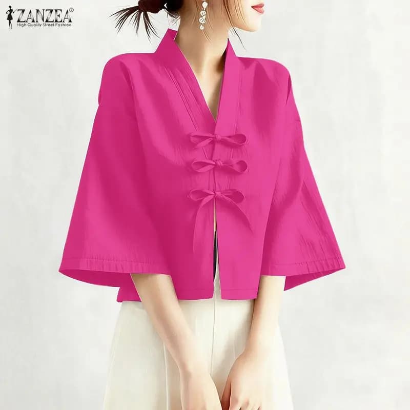 Camicie vintage da donna con scollo a V, maniche a 3/4, con laccetti sul davanti, tinta unita, top casual ZANZEA, abbigliamento primaverile ed estivo da donna, chemises femme