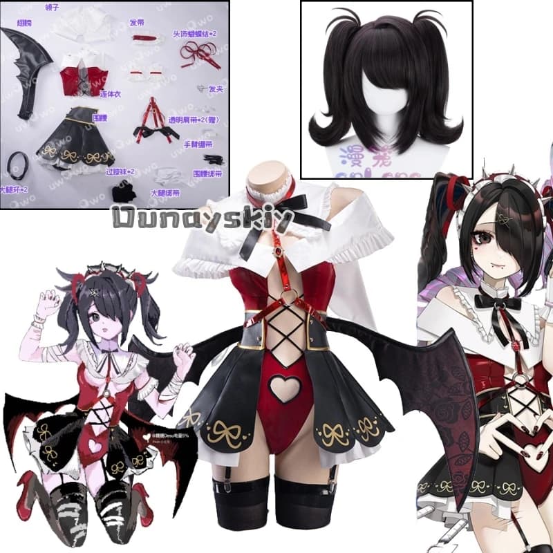 Cosplay Anime Costume, Lolita Red Silver Dress with Feather, Jirai Kei Wig, Halloween Costume, Overload