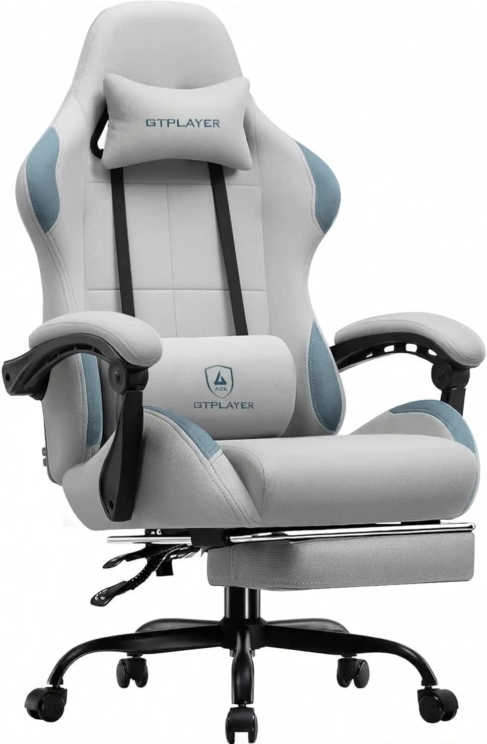 Sedia da Gaming in Tessuto con Cuscino a Molle Insacchettate, Sedia da Ufficio Ergonomica con Supporto Lombare, Braccioli Collegati, Poggiapiedi, Altezza Regolabile, Grigia