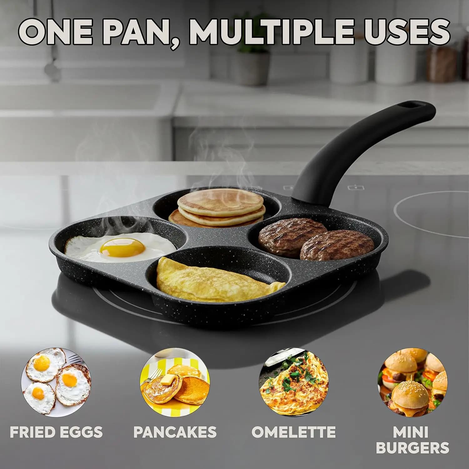 Padella Antiaderente per Uova e Pancake con 4 Scomparti, Adatta per Fornelli a Gas e Piani a Induzione