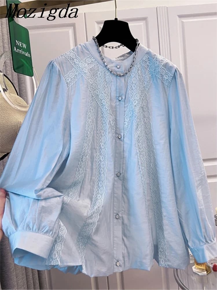 Camicia oversize con scollo tondo in pizzo primaverile da donna Camicette coreane a maniche lunghe casual allentate da donna Top Blusa Feminina
