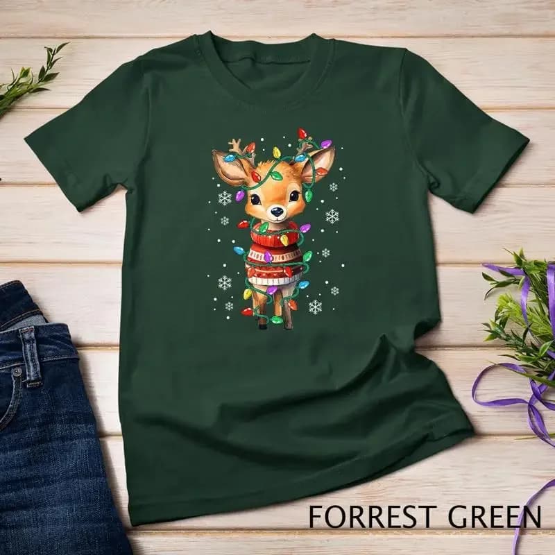 Cute Reindeer Santa Christmas Lights Pajama Xmas Womens Kids Unisex T shirt