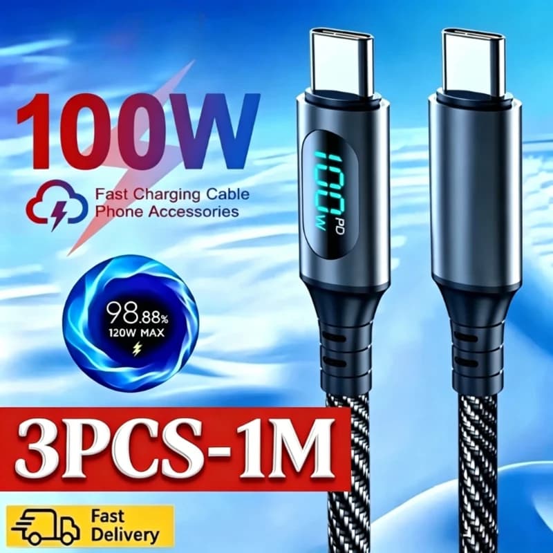 Cavo di Ricarica Rapida USB-A a Type-C 6A 120W con Display LED Digitale per Xiaomi Samsung, Cavo Dati USB-C a Type-C (3/2 Pezzi)