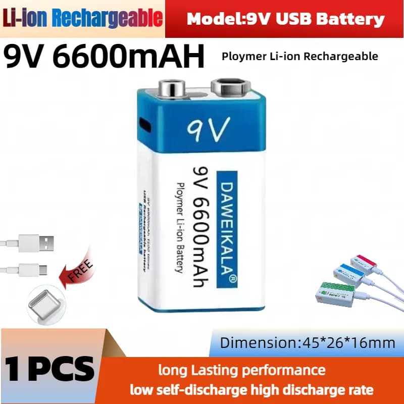 Batteria al litio ricaricabile 28000mAh 6900mAh 9V Ricarica USB per microfono/rilevatore di fumo/pedale per chitarra/radio di lunga durata