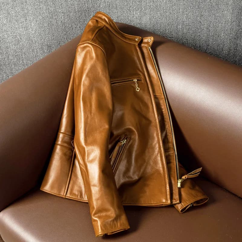 Oil wax first layer cowhide leather men's youth stand-up collar short slim jacket