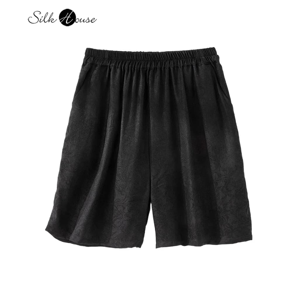 2025 Moda Estate Nuovo 100% Seta di gelso naturale Gambiered Guangdong Garza Pantaloncini casual a vita alta elastici da donna neri