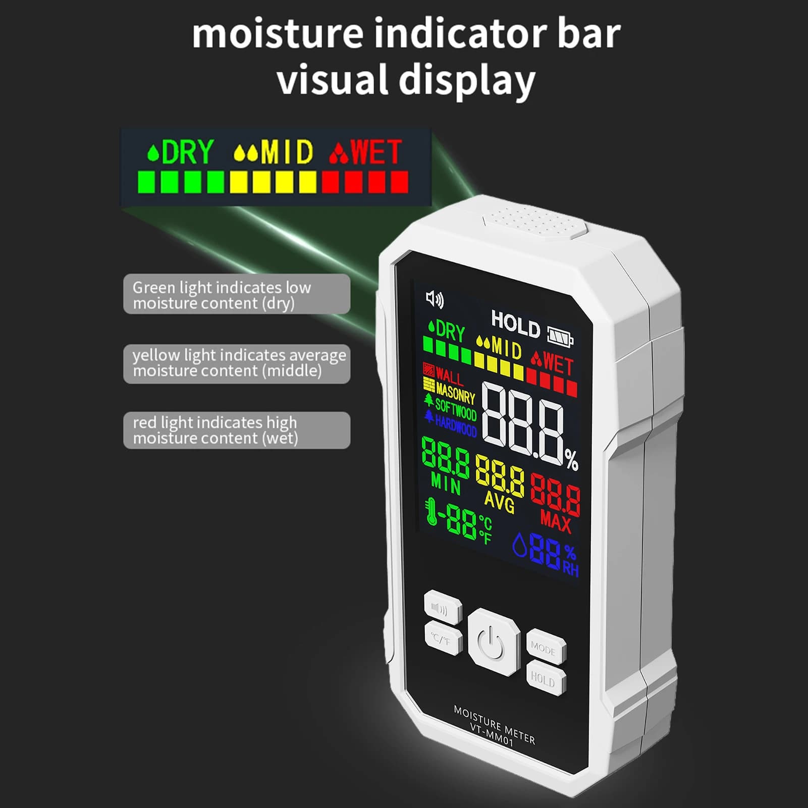 Pinless Moisture Meter for Drywall Wood Humidity Detector Non-Destructive Tester with LCD High-frequency Waves and One-key Recor