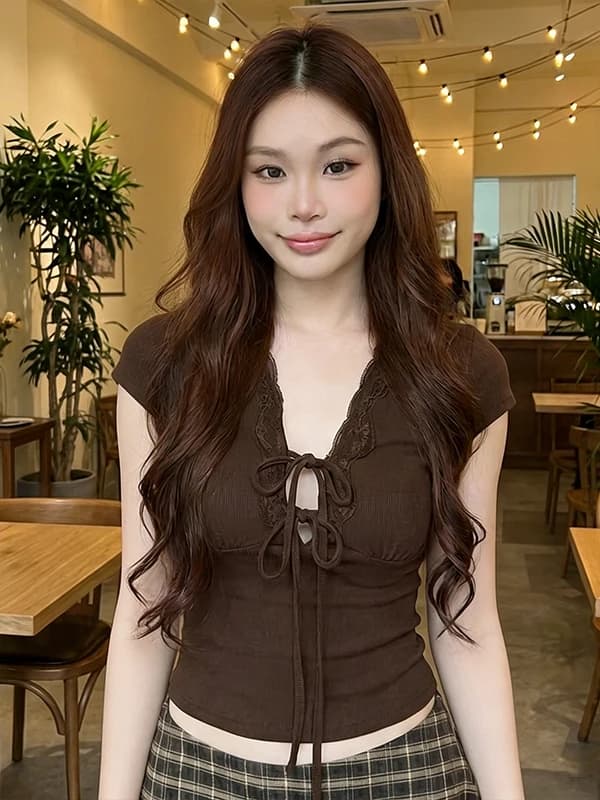 2026 Spring Summer New Sle Women's Slim Fit ort Sve T-irt Lace Patchwork V-Ne Tie-Dye Moisture ng Color