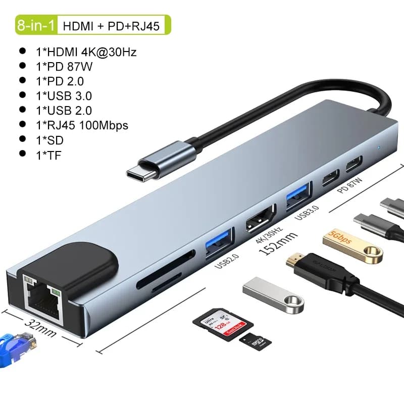 USB C Hub, Splitter Type C, Docking Station Thunderbolt 3, Laptop Adapter with RJ45 and HDMI for Macbook Air M1 and iPad Pro
