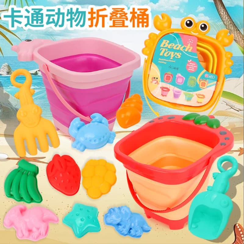 Set di Giocattoli da Spiaggia per Bambini con Secchio Pieghevole Portatile, Paletta e Rastrello per Sabbia, Giochi d'Acqua per il Bagno