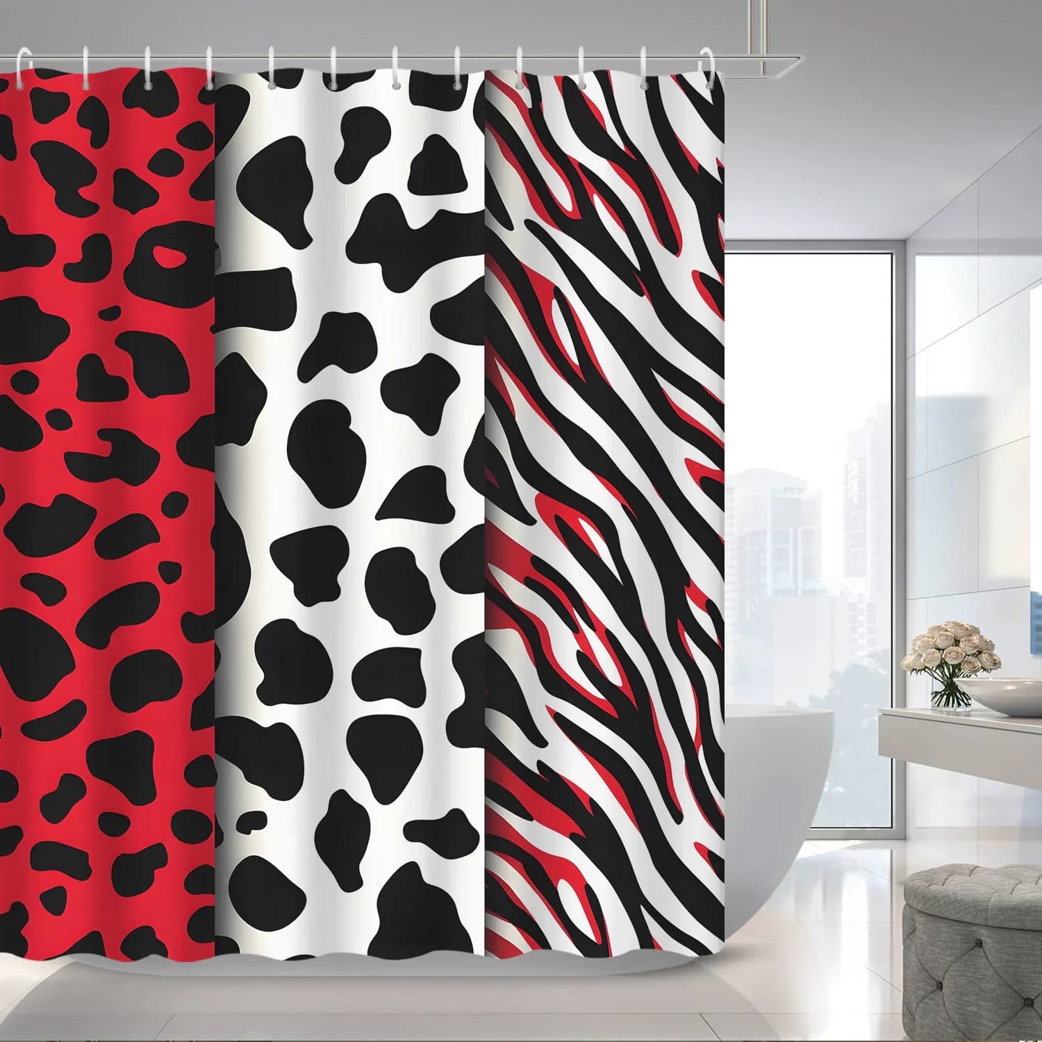 Tenda divisoria per tenda da doccia con stampa motivo leopardo zebrato 1 pezzo, tessuto in poliestere, con 12 ganci, tenda da doccia, accessori per il bagno
