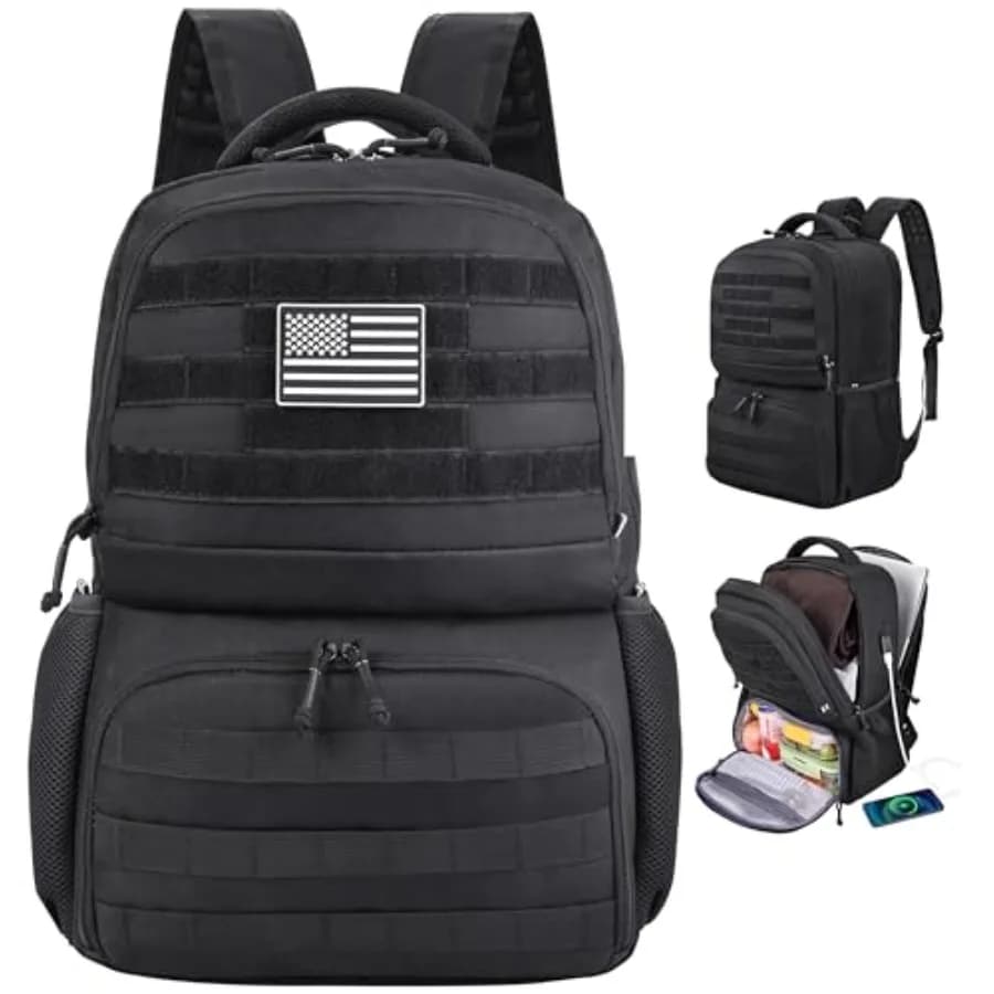 Zaino porta pranzo per laptop da uomo, ispirato al design tattico, borsa da lavoro antifurto con scomparto termico, nero, 17 pollici