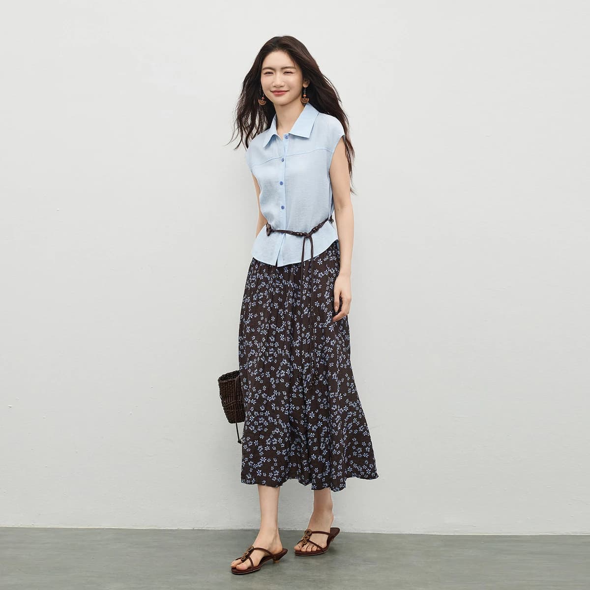 SENTUBILA Set coordinato casual da donna 2 pezzi alla moda, camicia a maniche corte con colletto a risvolto e gonna a pieghe stampata a trapezio 162ZK6037