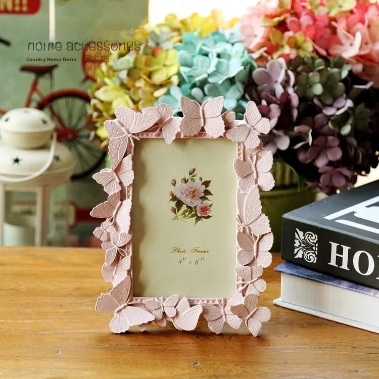 Cornice Portafoto in Resina Rosa, Ornamenti Decorativi, Regali di Compleanno, Stile Rettangolare con Vista Panoramica del Paese e Immagine