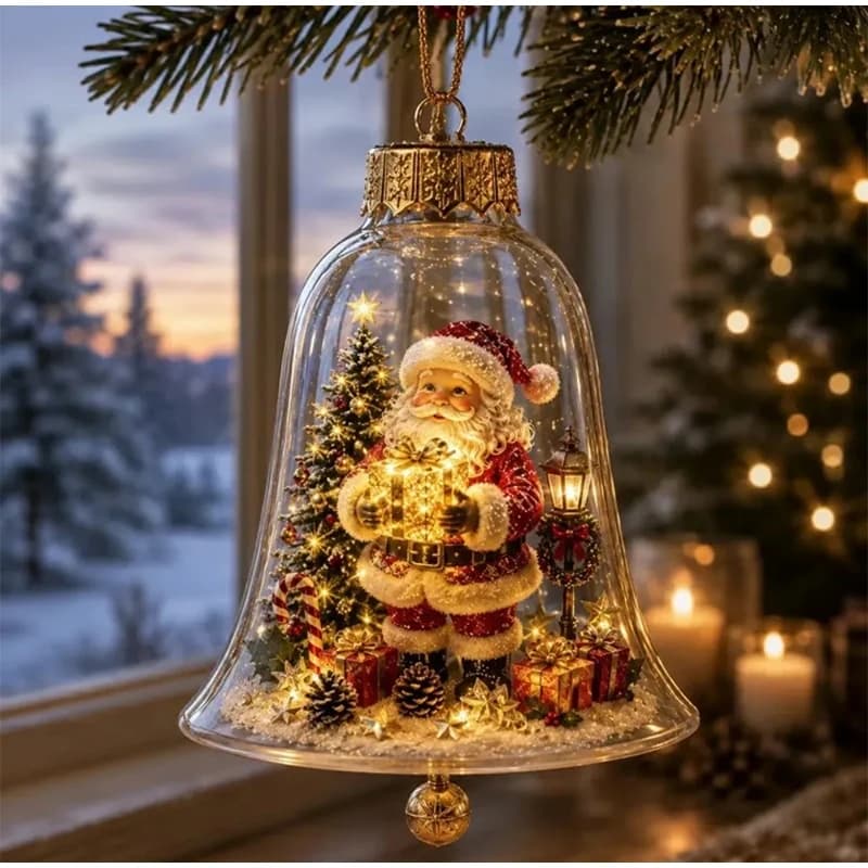 2026 Warm LED Light Christmas Bell Ornaments Mini Scene Luminous LED Light Pendant Acrylic Clear Dome Lighted Miniature Scene