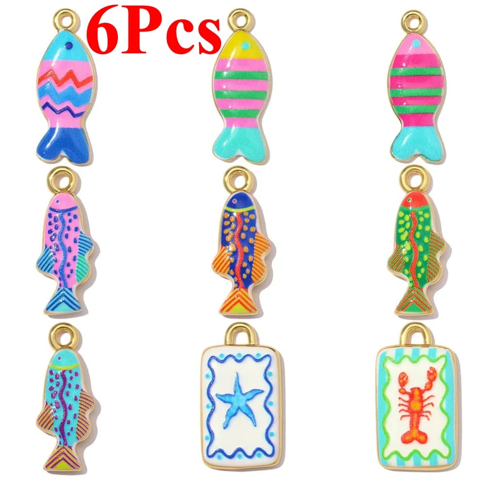 6Pcs Enamel Fish Starfish Lobster Charms Copper Charms Pendant for DIY Jewelry Making Necklace Earring Bracelet Accessories