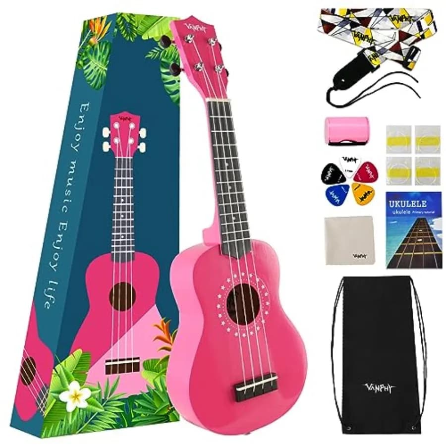 Ukulele Soprano Rosa Chiaro da 21 Pollici per Principianti con Borsa, Tracolla, Plettri, Libro di Canzoni e Panno per la Pulizia, Adatto per Adulti e Principianti