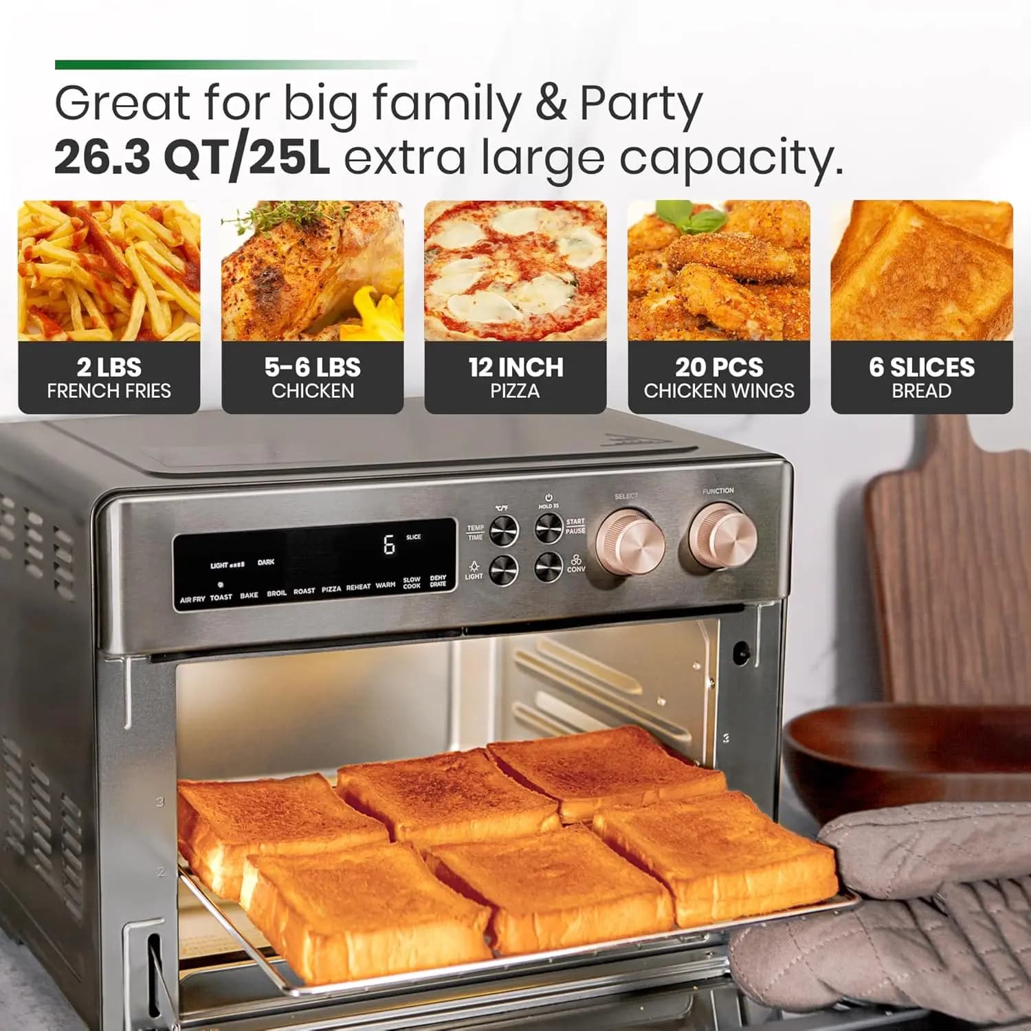 Forno Tostapane con Riscaldamento a Infrarossi e Funzione Friggitrice ad Aria, Forno a Convezione da Banco Extra Large 10-in-1 Combo, Tostapane per 6 Fette, Teglia da Forno Smaltata