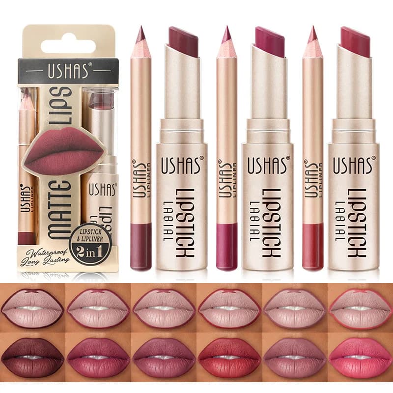 USHAS 12 colori Lip Liner + LIPSTICK Set Rossetto opaco Easy Coloring Rossetto rosso nudo a lunga durata