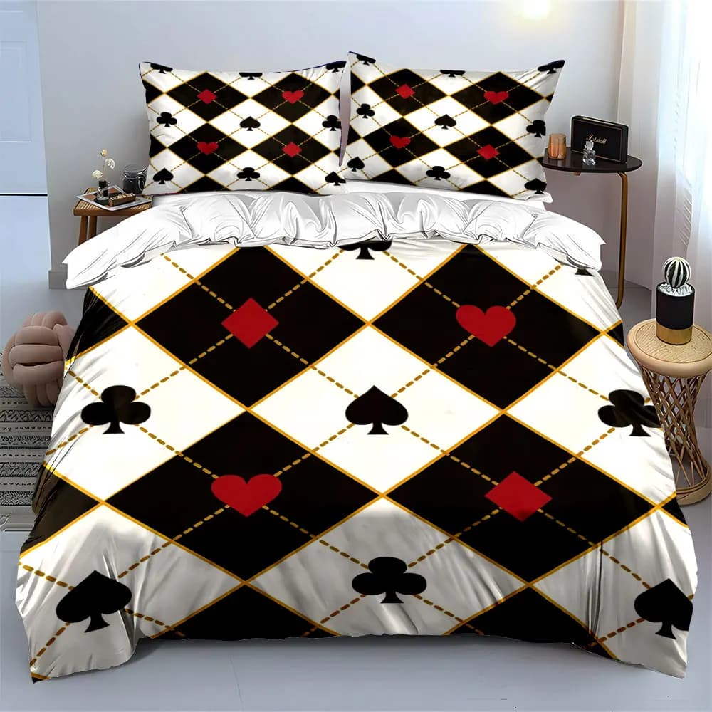 Set di biancheria da letto con motivo a carte da gioco, con 1 copripiumino e 2 federe, singolo, matrimoniale, king size, queen size, idea regalo