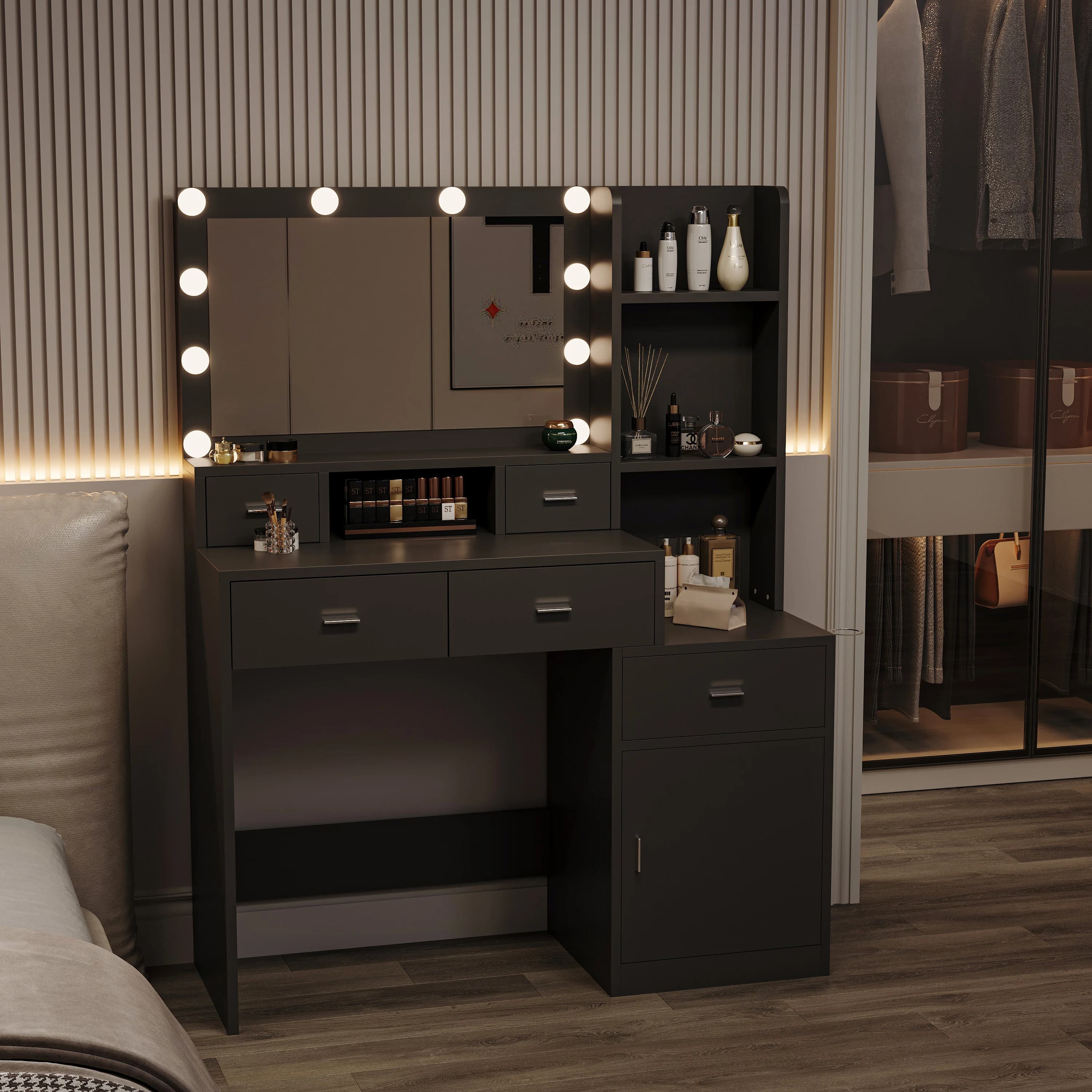 Vanity makeup desk with mirror, hairdryer, toilet, modern dressing room, bedroom furniture