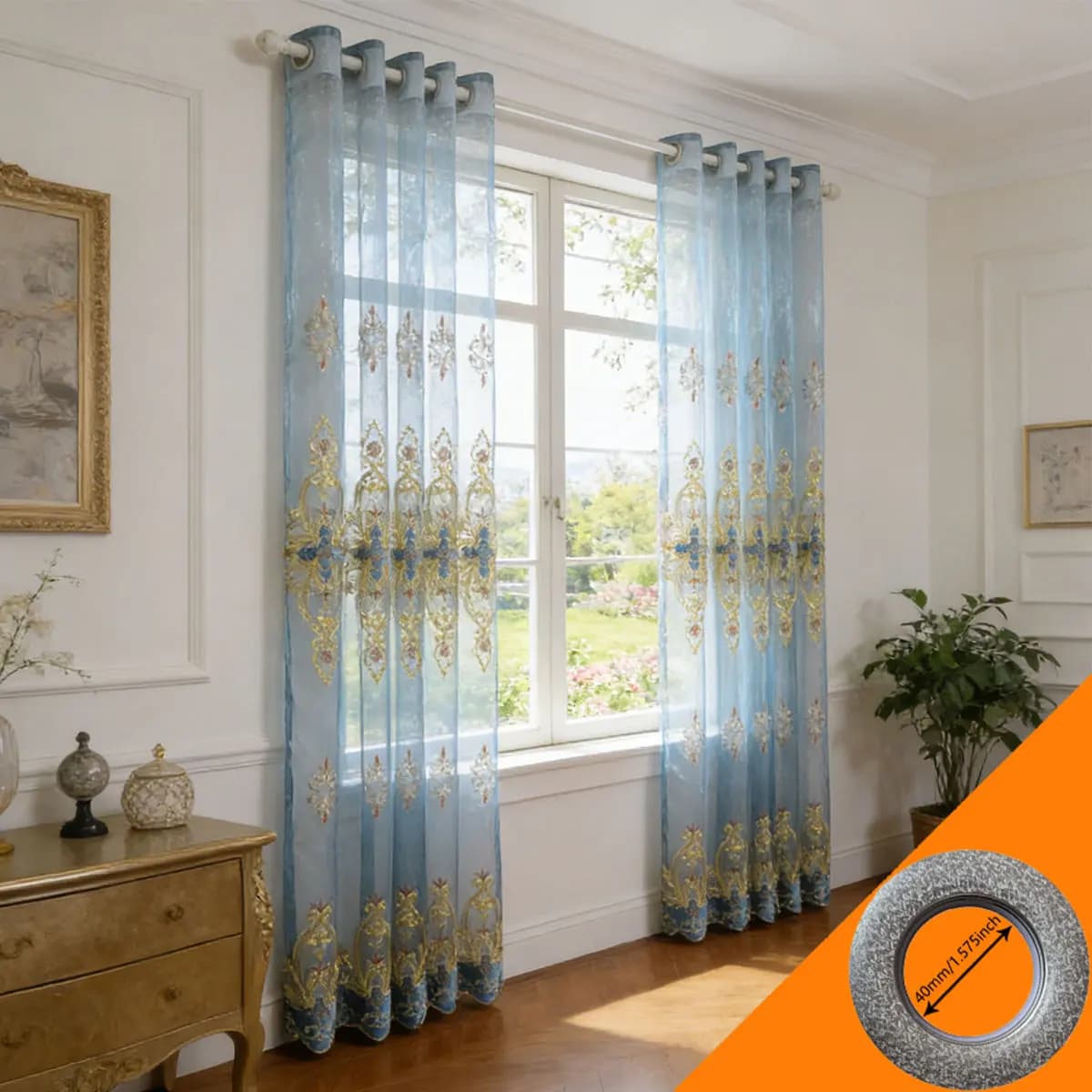 Eleganti Tende Trasparenti Ricamate Azzurro Chiaro, Tende Semitrasparenti Filtranti con Occhielli per Arredamento Casa