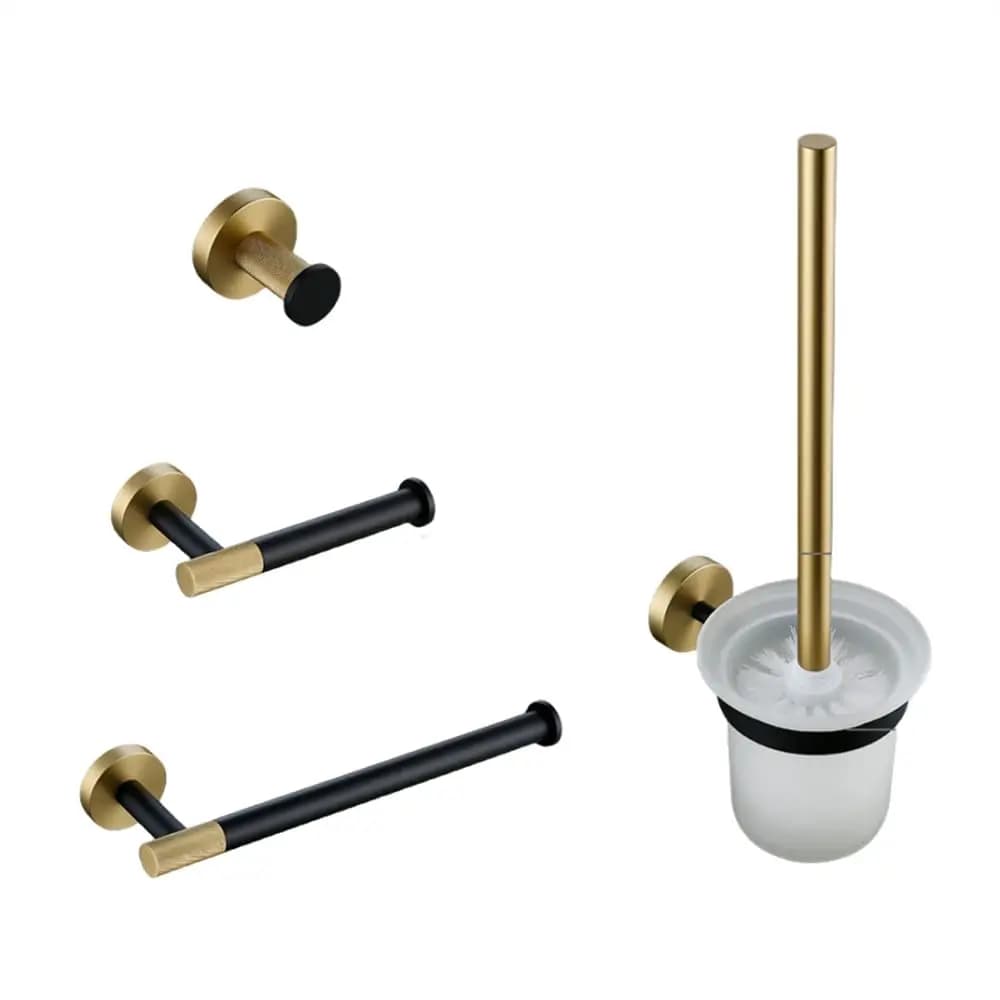 Set da Bagno Personalizzato con Portasciugamani da Parete, Porta Carta Igienica, Gancio, Porta Scopino per WC, Finitura Zigrinata Oro e Nero