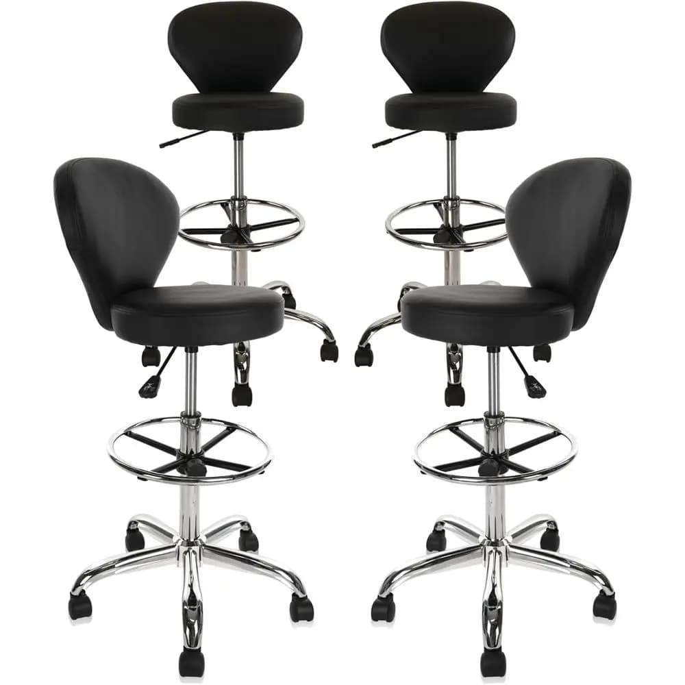 Set di 4 Sgabelli Girevoli Regolabili in PVC e Pelle con Supporto per la Schiena e Poggiapiedi per Massaggi, Trattamenti Spa e Bellezza