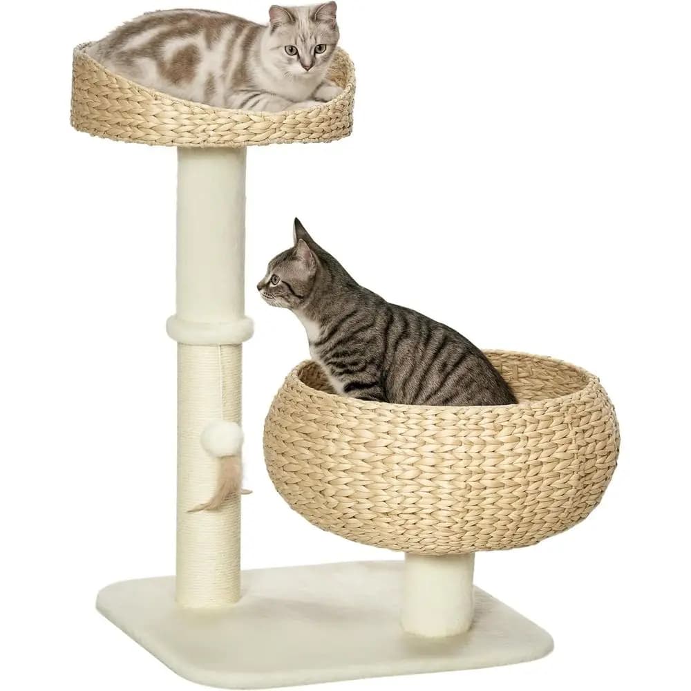 Cuccia rialzata per gatti da 28 pollici con tiragraffi in sisal e giocattolo a sfera, albero per gatti compatto da interno con grazioso design a cestino