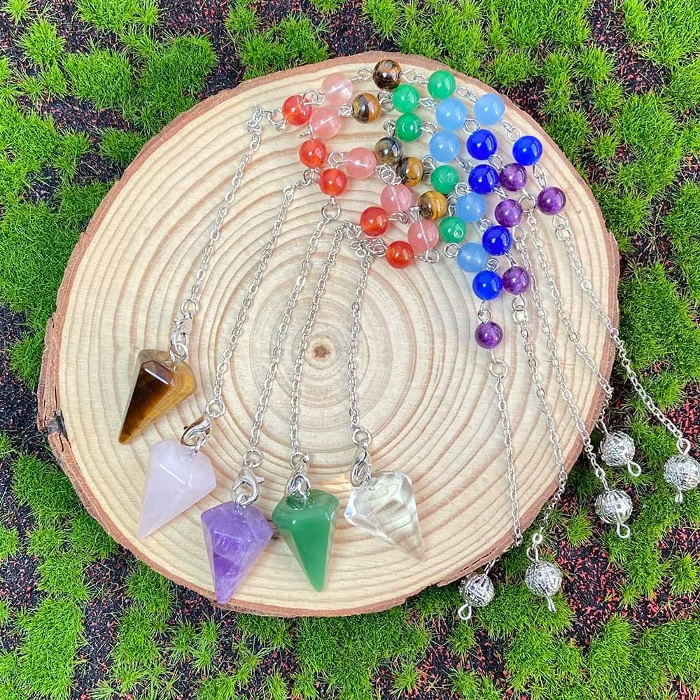 Natural Conical Pendulum for Dowsing Divination Crystal Healing Stone Rose Quartz Amethyst, Antique Reiki Pendant Gifts