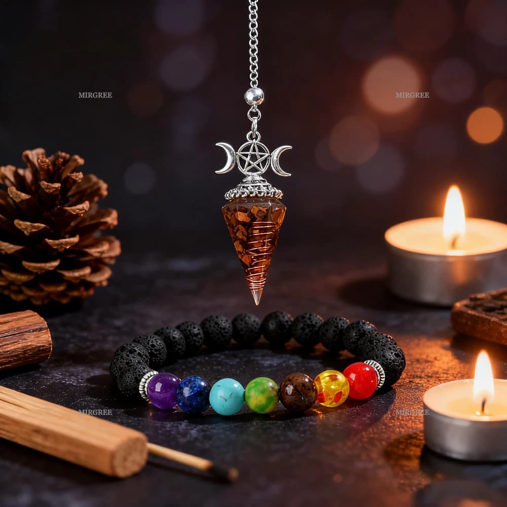 Set di 2 braccialetti con perline di roccia vulcanica e sette chakra e pendolo di cristallo, utilizzati per la guarigione energetica, la meditazione e i gioielli spirituali