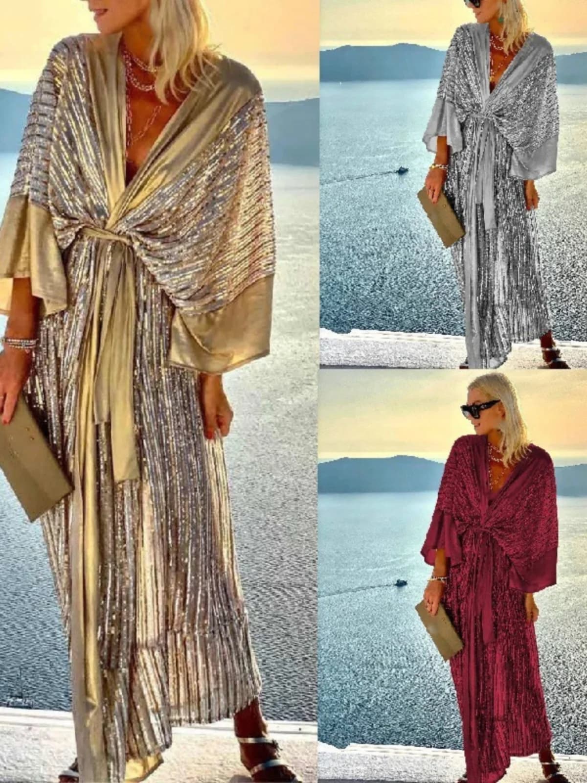 Sequin Batwing Sleeve Party Dress Cardigan Waist Belt Splicing Coat Shirt Dress Summer Casual mid Waist Acetate Fiber