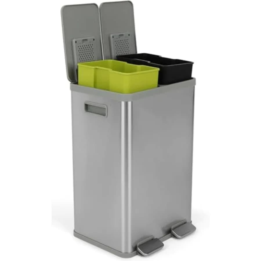 40 Liter Rectangular Hands-Free Dual Compartment Recycling Kitchen Step Trash Can with Soft-Close Lid Brushed Stainless Steel 2