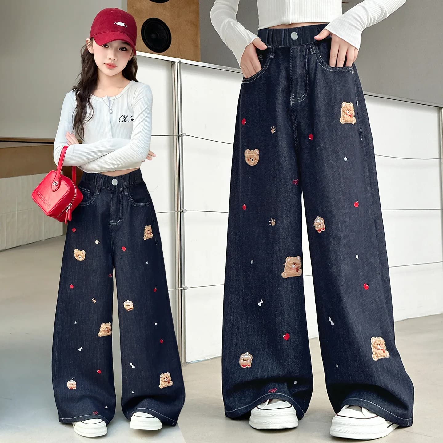 Jeans per Bambine Primavera Autunno, Pantaloni per Bambini con Adesivi Cartoon e Ricami Sagomati, Gamba Dritta, 4-14 Anni