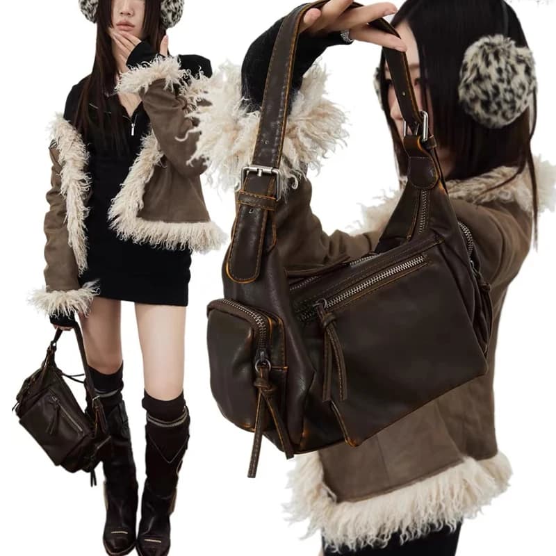 Retro Washed Pu Leather Shoulder Crossbody Bags Small Motorcycle Vintage Armpit Bag for Women Punk Women Handbags